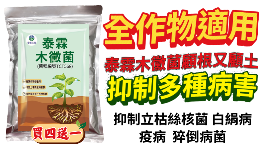 20260222泰霖木黴菌買4送1、全作物適用，抑制多種病害、顧根又顧土，限時加碼送綠馨1號200g，青蔥、瓜果、葉菜根系養好養滿！！