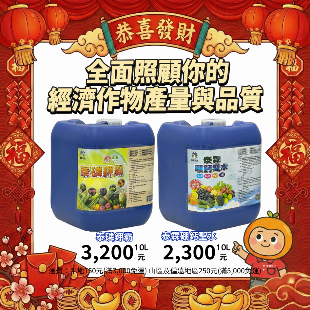 20260206果樹裂果、轉色慢？茄科坐果差？二桶補鈣補硼再加高磷鉀，全面照顧你的果樹與茄科作物產量與品質 硼鈣聖水10L　NT2300 泰磷鉀霸10L　NT3200