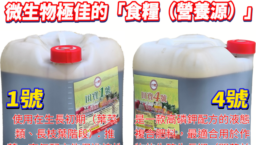 20260507（台糖出品）田寶液肥以糖蜜醱酵濃縮液為基底，含有豐富的有機碳與微量元素，是微生物極佳的「食糧（營養源）」，能提升有益菌在土壤中的存活與繁殖效率。