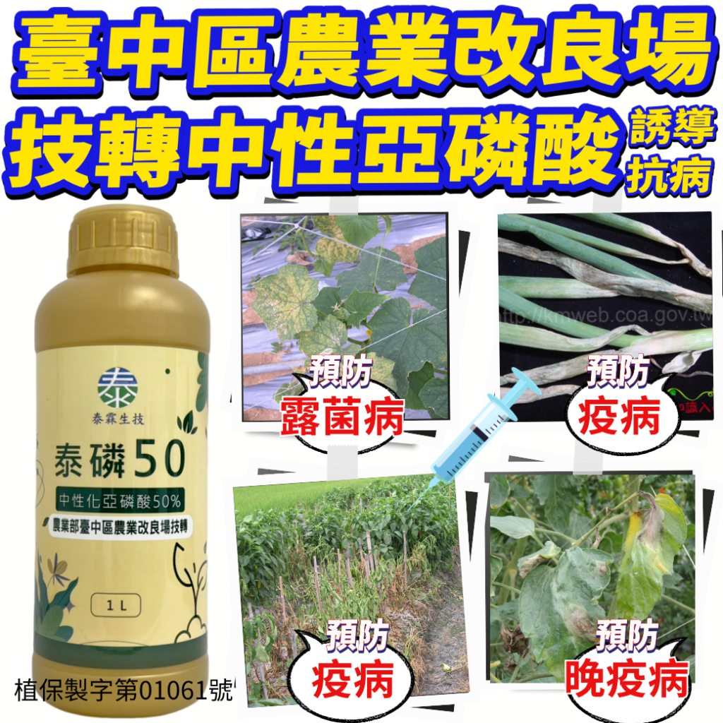 20260511泰磷50是由台中農改場技轉的農業資材，主要功能為誘導作物產生系統性抗病能力，預防果樹、蔬菜疫病與露菌病。