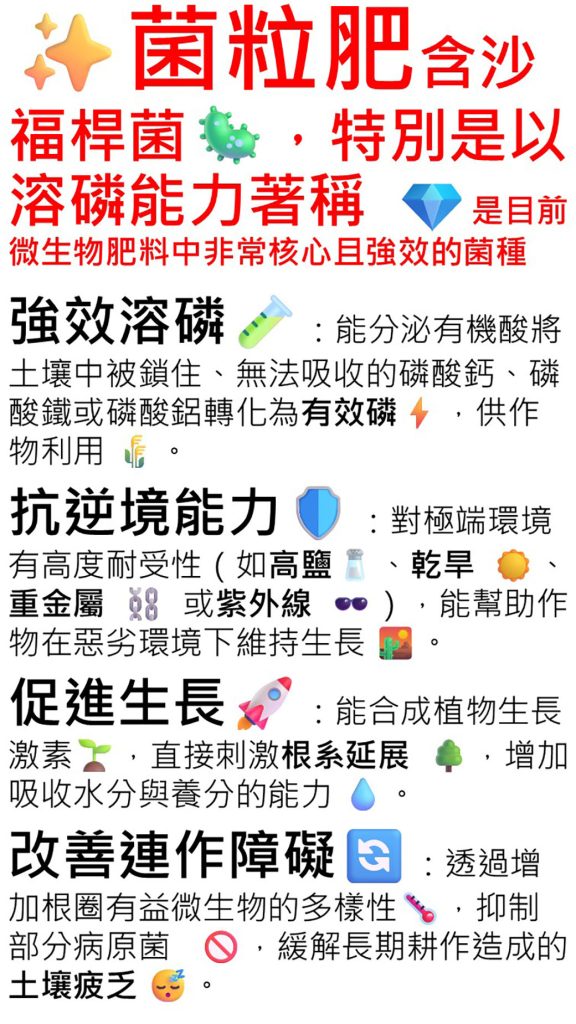 20260508菌粒肥主內含，強勢菌種：「沙福桿菌 (Bacillus safensis)」，是目前微生物肥料中非常核心且強效的菌種，特別是以溶磷能力著稱。