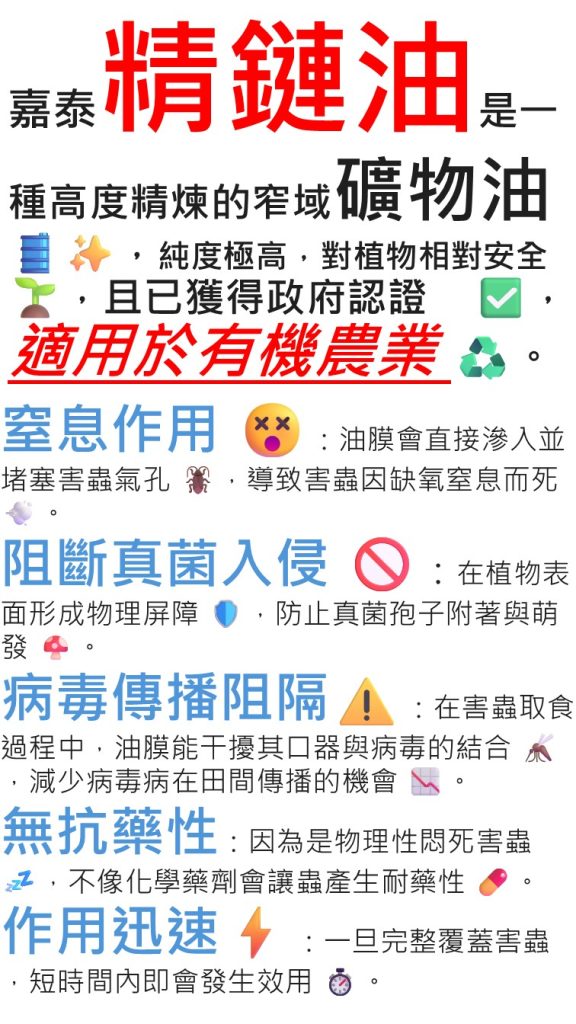 20260509嘉泰精鏈油是一種高度精煉的窄域礦物油，純度極高，對植物相對安全，且已獲得政府認證，適用於有機農業。