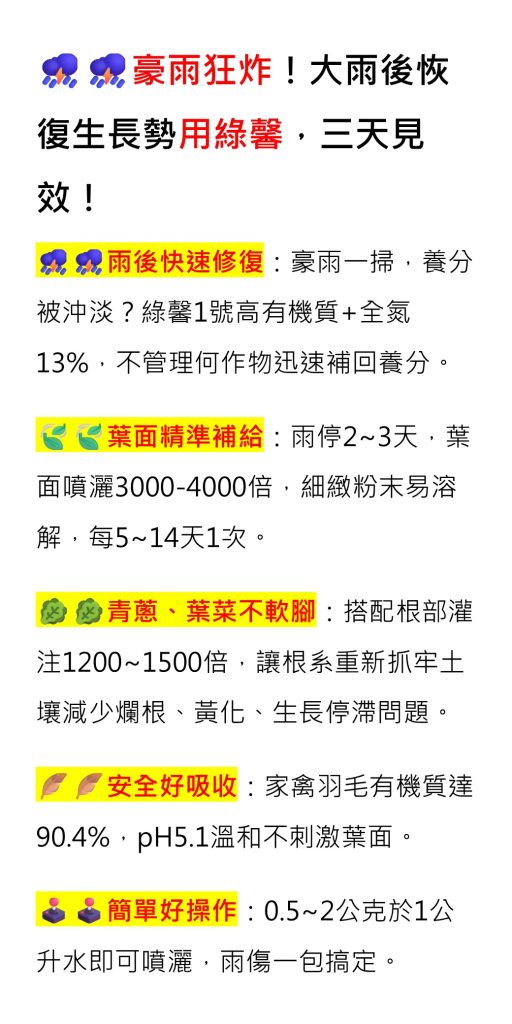 20260618豪雨狂炸！大雨後恢復生長勢用綠馨，三天見效！
